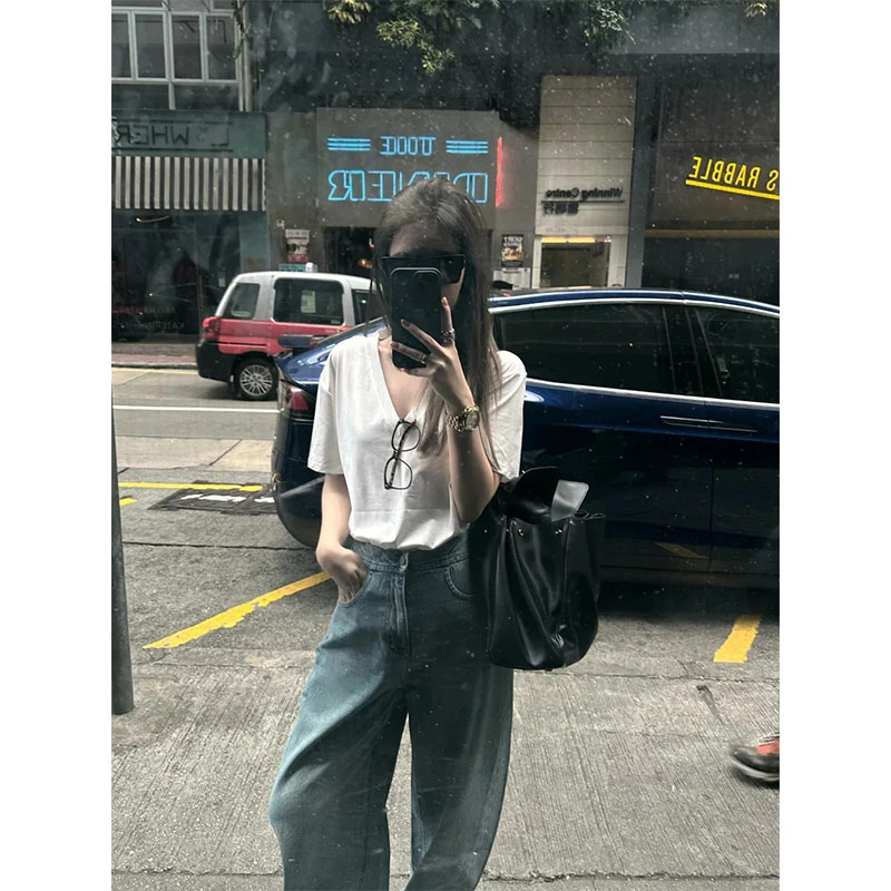 新款夏季纯色休闲百搭时尚简约短袖T恤上衣高腰显瘦蓝色牛仔裤女