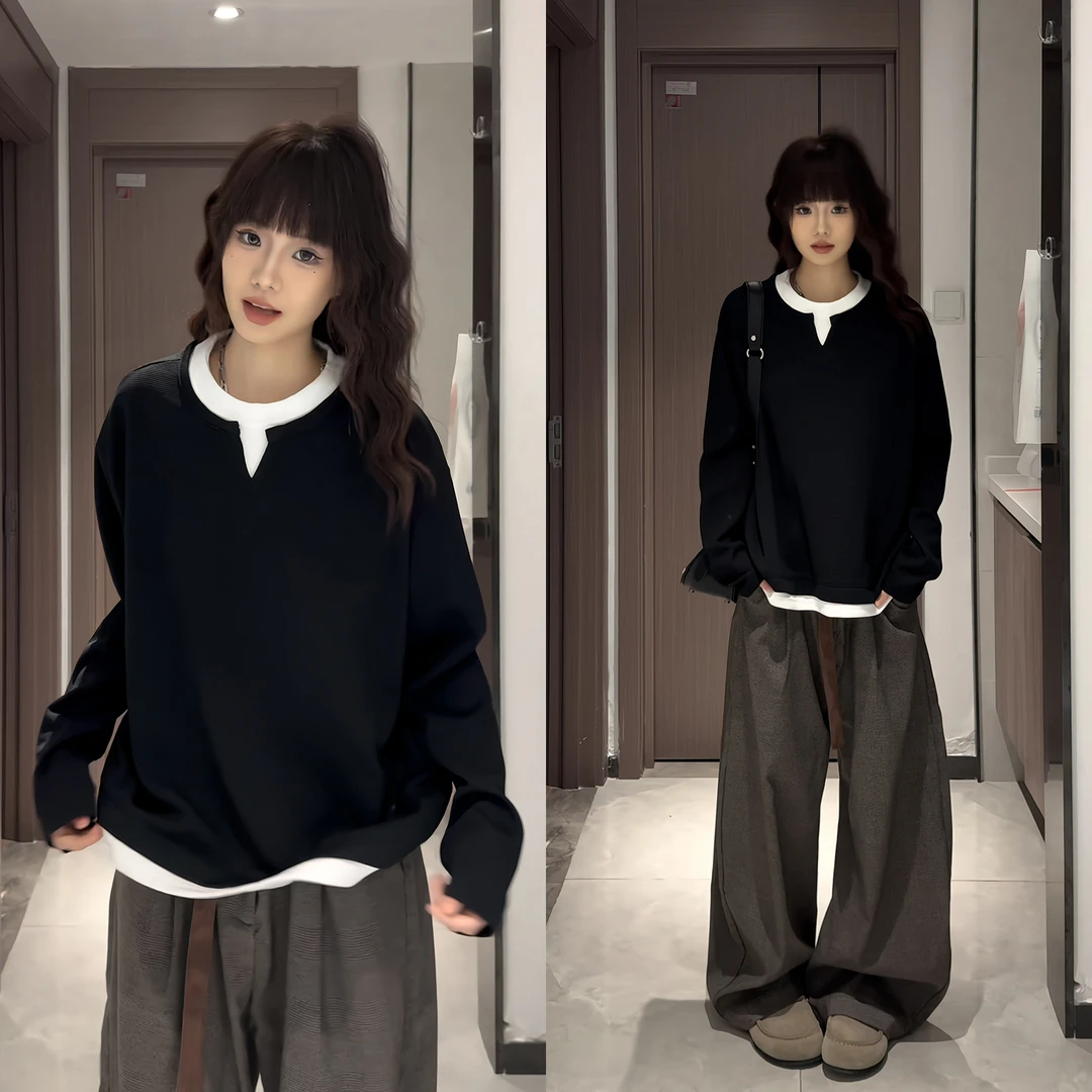 复古美式高街重磅假两件V领卫衣男秋季慵懒风百搭长袖圆领打底衫