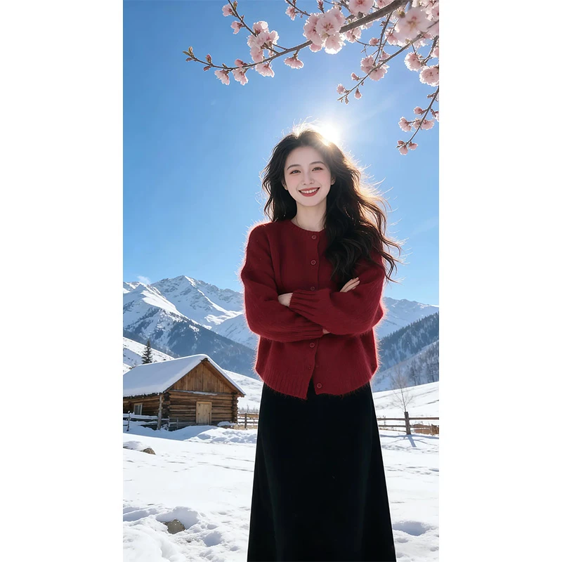 巨好看冬装一整套裙独特漂亮红色毛衣黑色半身裙巨好看圣诞套装女