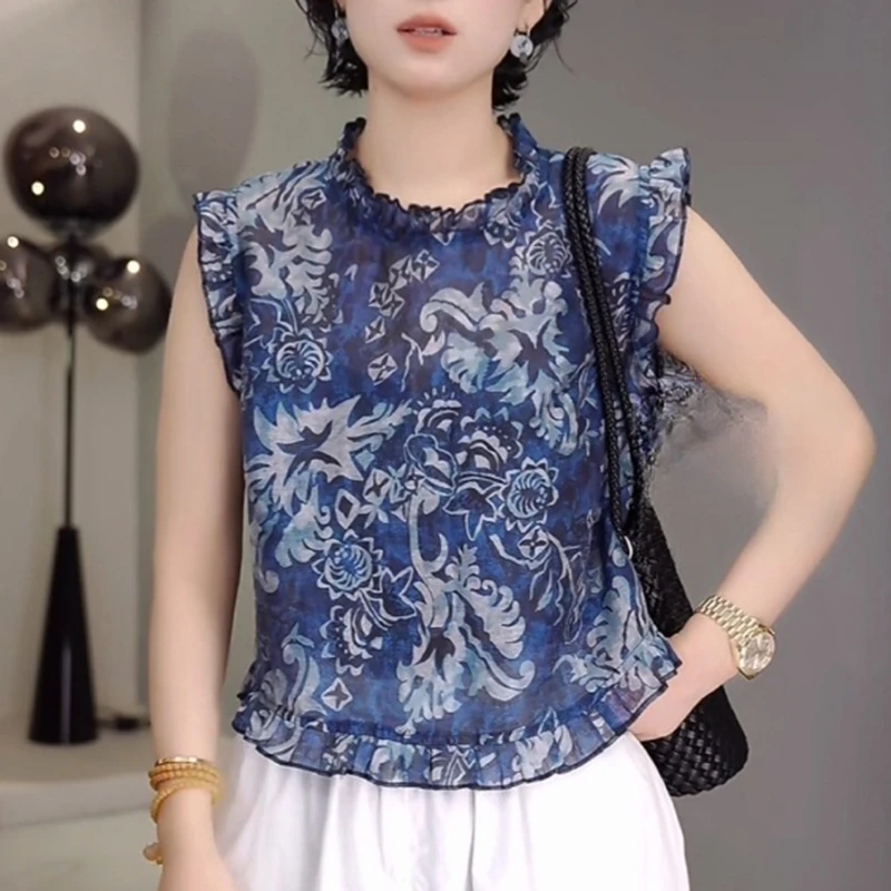 新中式国风复古蓝色无袖印花衬衫女设计感花边领小个子上衣衬衣潮