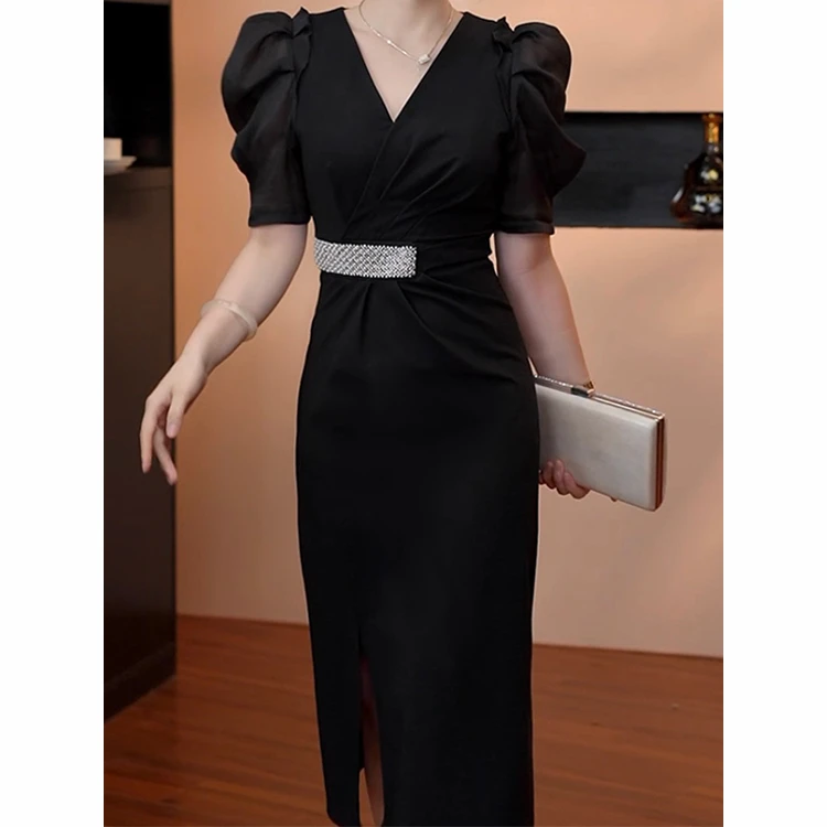 9866高级感气质黑色轻奢收腰显瘦连衣裙夏季