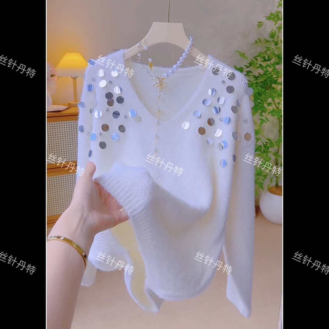 4-V领亮片慵懒风宽松针织衫女早秋新款韩系上衣洋气减龄软糯毛衣