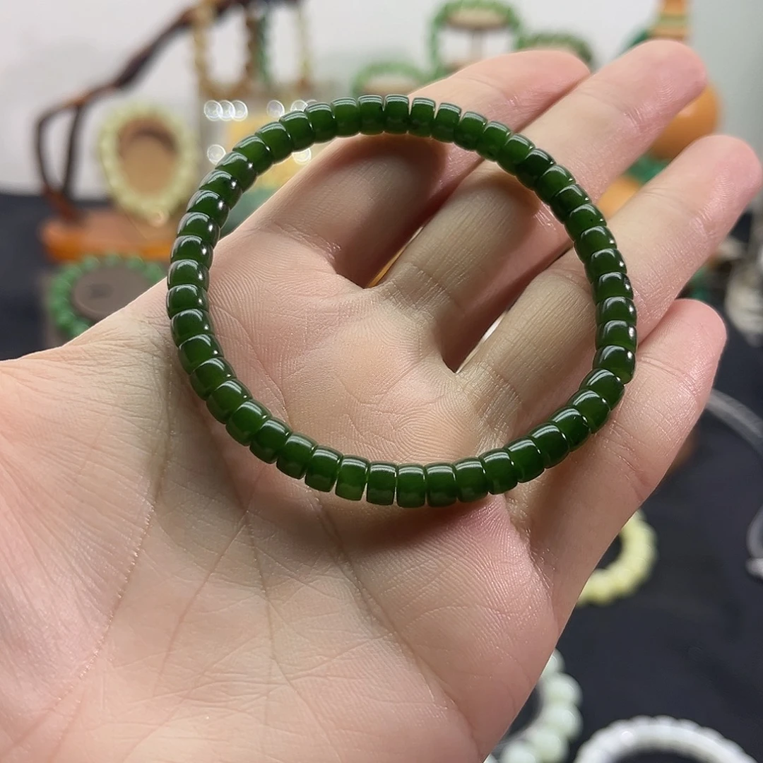 和田玉未镶嵌颈饰俄碧-菠菜绿-药片手串-6mm