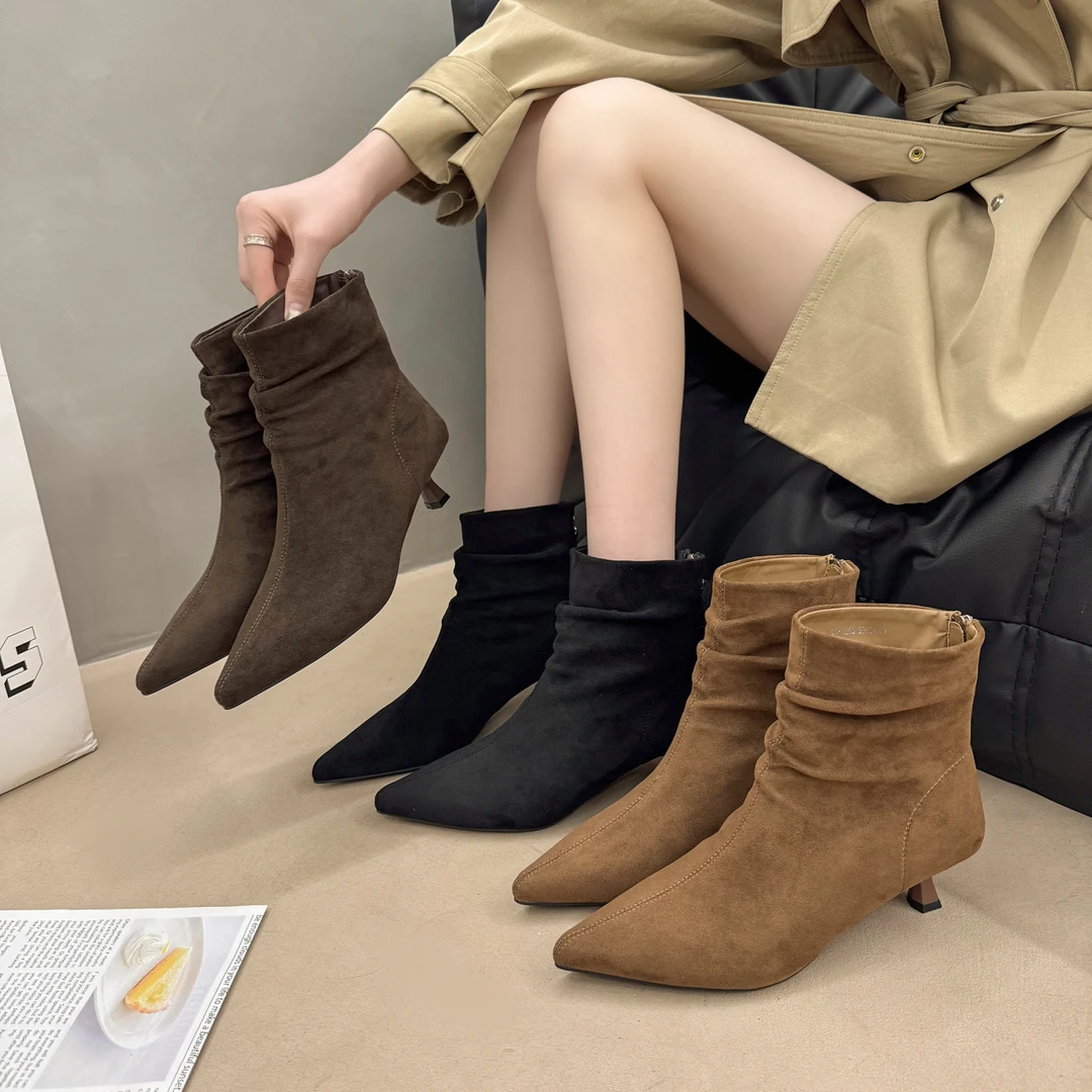 法式高跟短靴女款2025冬季新款百搭尖头加绒短筒马丁靴弹力瘦瘦靴