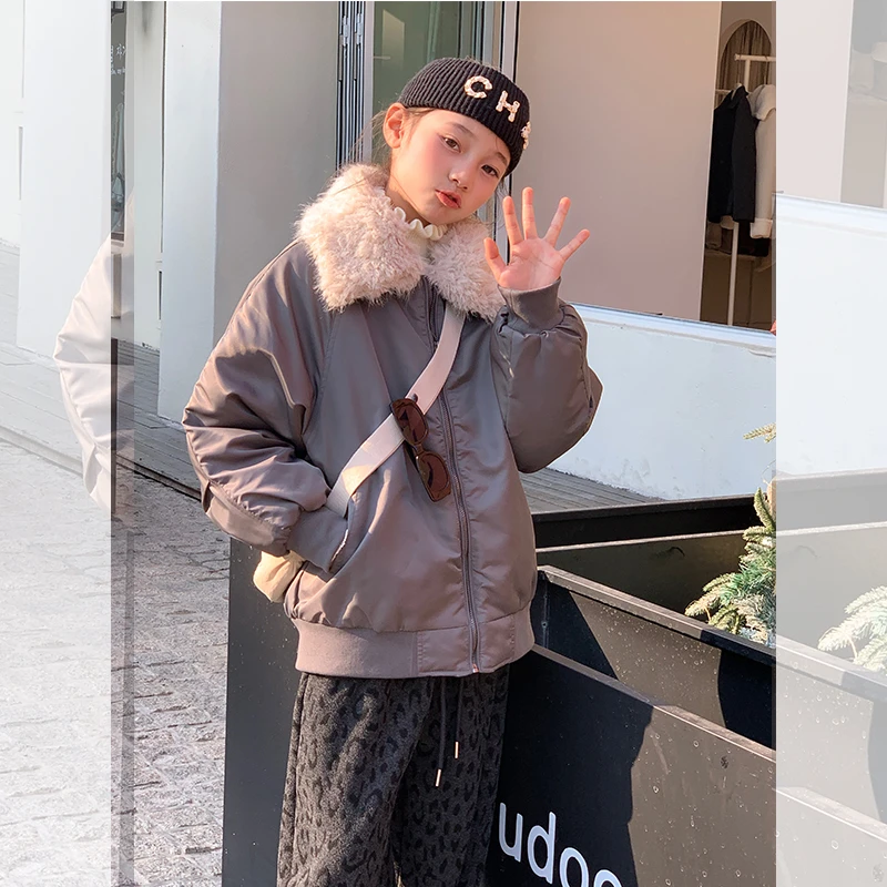 西西家女童2025冬季新款毛领拼接外套儿童休闲百搭上衣JX5057