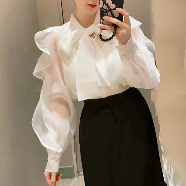 法式气质蝴蝶结系带荷叶边长袖衬衫女设计感宽松显瘦超仙雪纺上衣