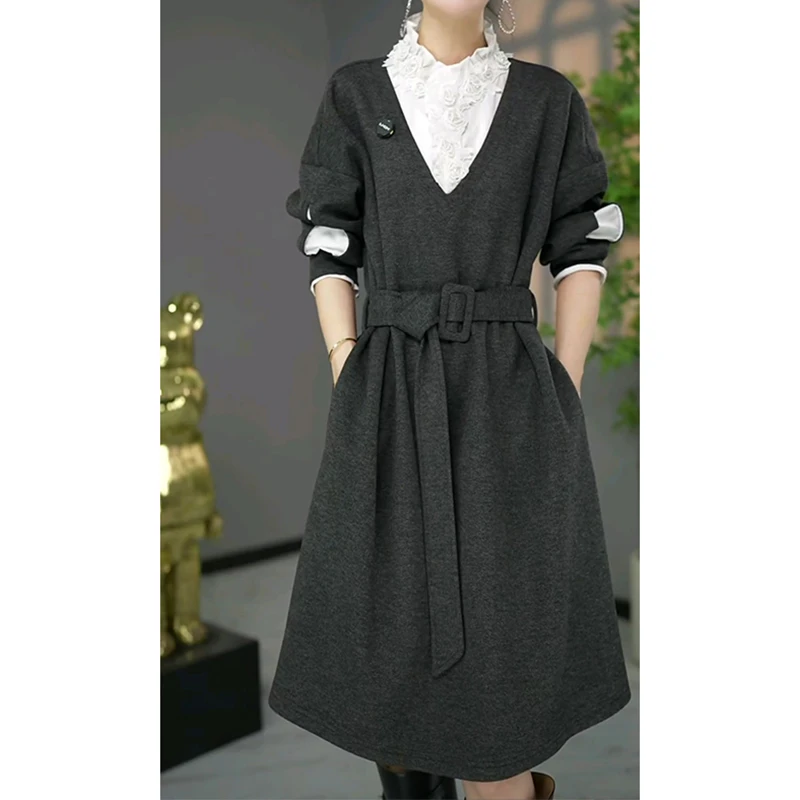 时尚气质假两件连衣裙女2025春秋新款妈妈宽松藏肉轻熟风中长裙子
