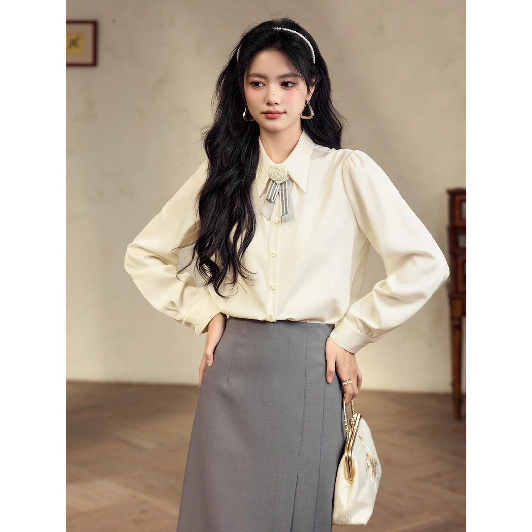 宿本【山茶花语】法式衬衫2025年春百搭气质长袖上衣1510047CC