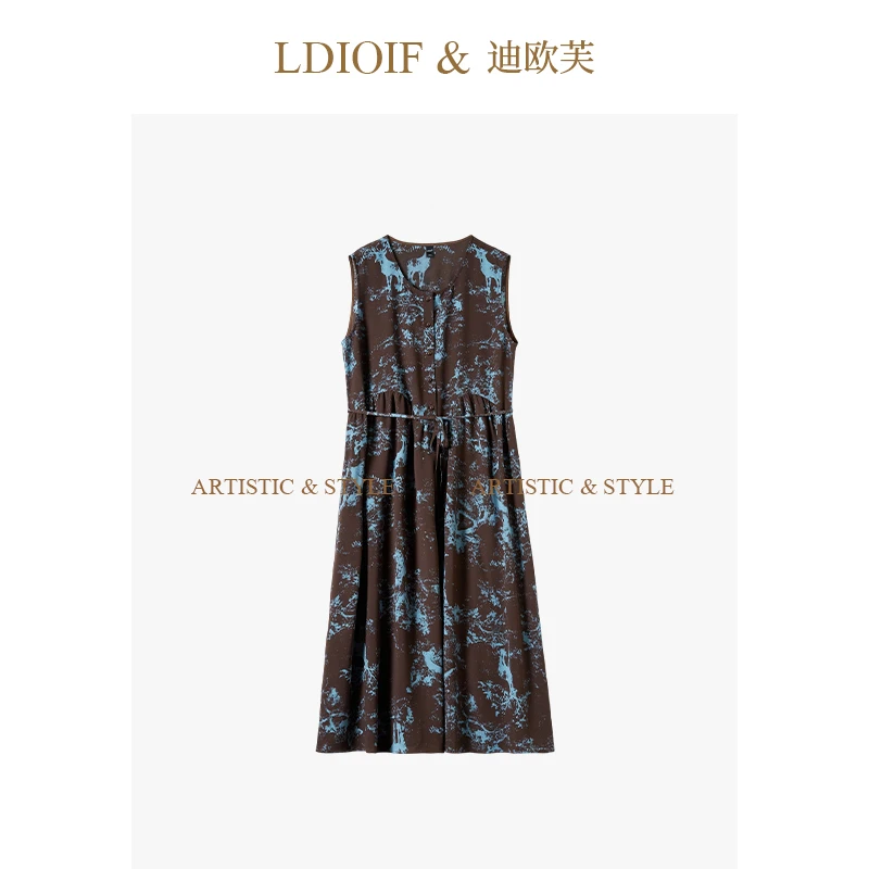 迪欧芙|定制扎染印花/软糯感牛奶丝圆领纽扣绑带背心裙#XLQ18522