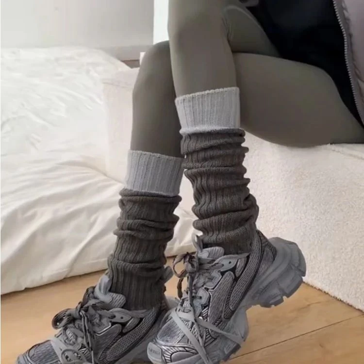 针织袜套春秋毛线撞色舒适拼接腿套简约时尚百搭堆堆袜灰色保暖袜