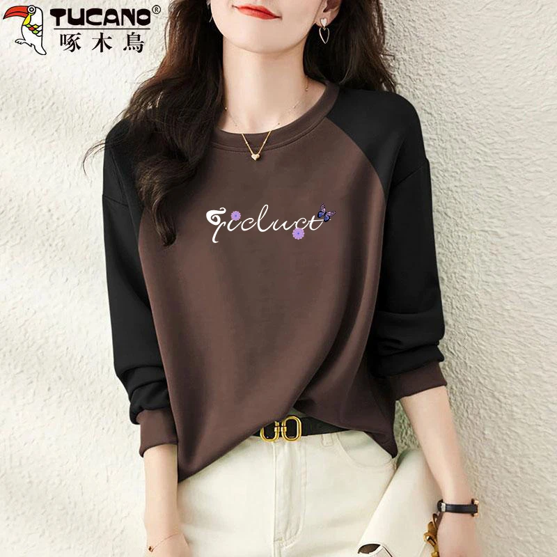 啄木鸟2025年秋季洋气高级感印花上衣女洋气简约时髦圆领长袖卫衣