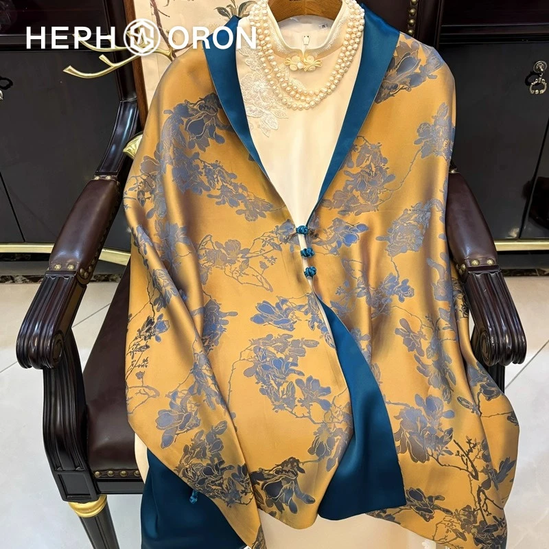 HEPHSORON真丝丝巾金色提花长款盘扣大披肩桑蚕丝围巾礼盒送长辈