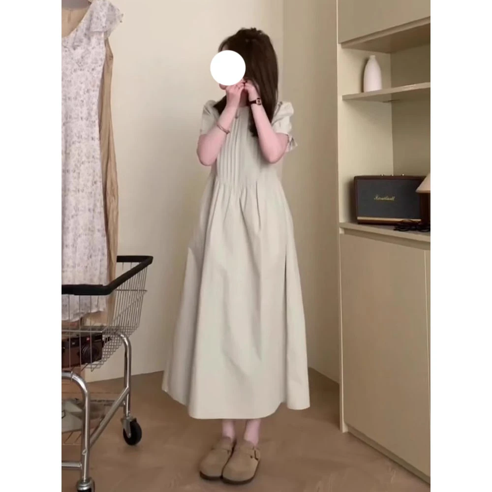 法式连衣裙短袖圆领气质长裙2025夏季新款小个子宽松遮肚显瘦韩版