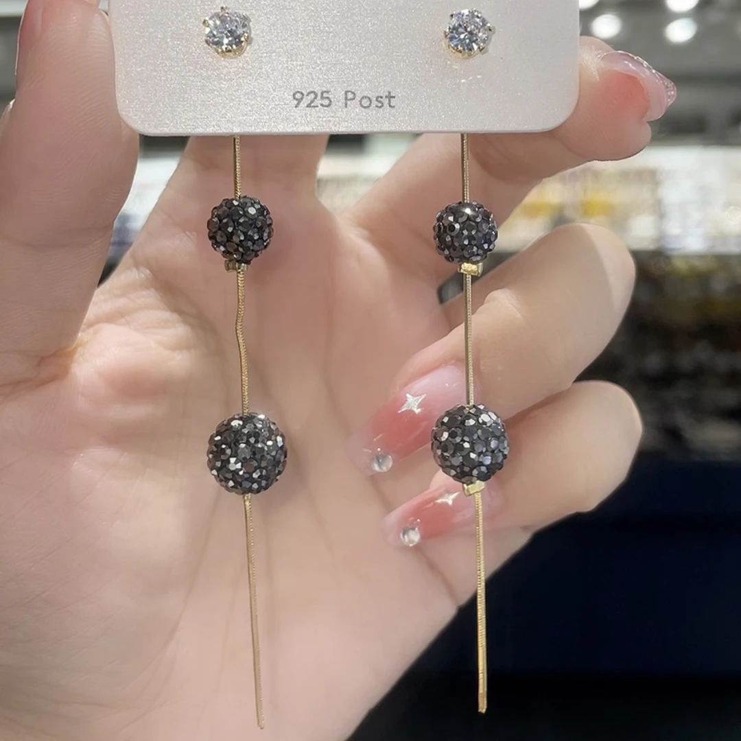 铜合金合成锆石耳饰 爆闪球球两戴流苏简约轻奢长款精美超仙优雅