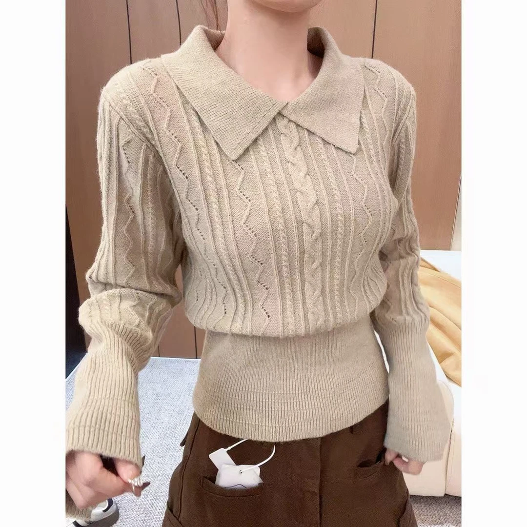 2025秋冬新款翻领麻花下摆收腰显瘦百搭针织-M3880