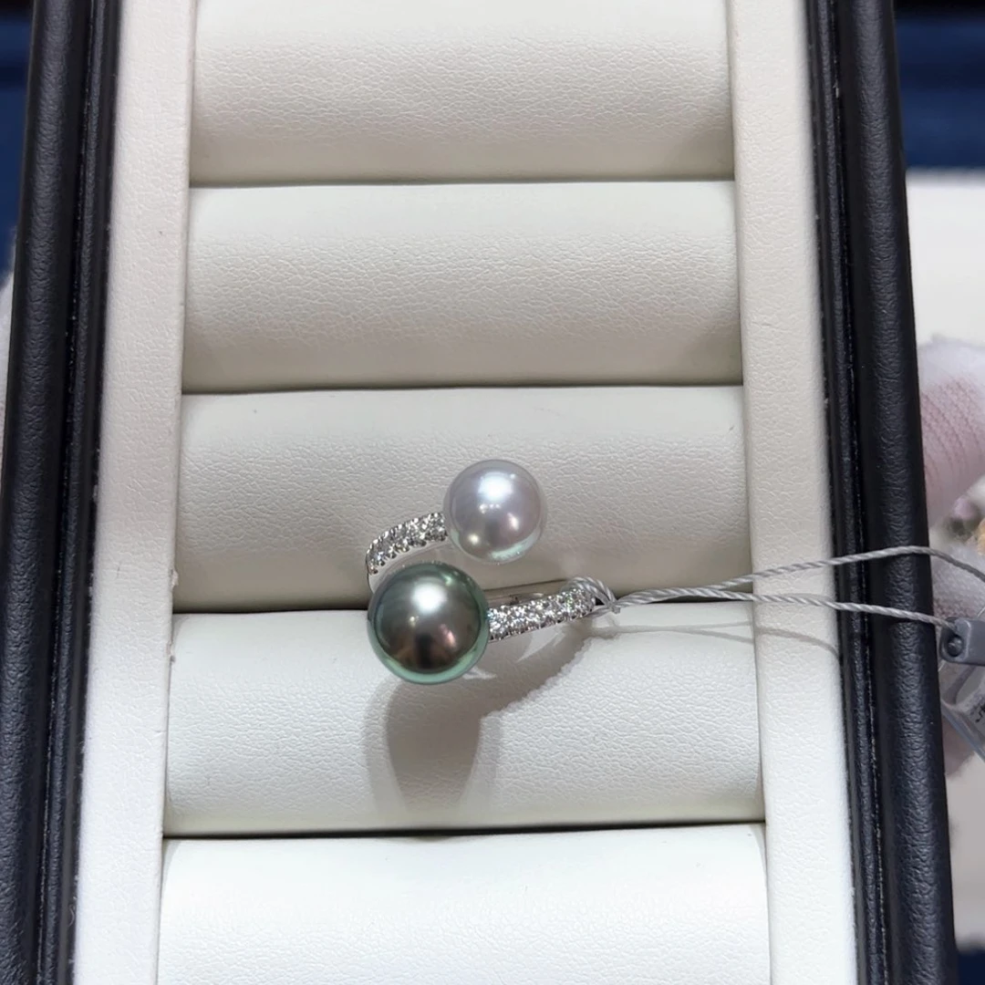 18K金镶嵌海水珍珠AK大溪地双珠戒指8.5-11mm