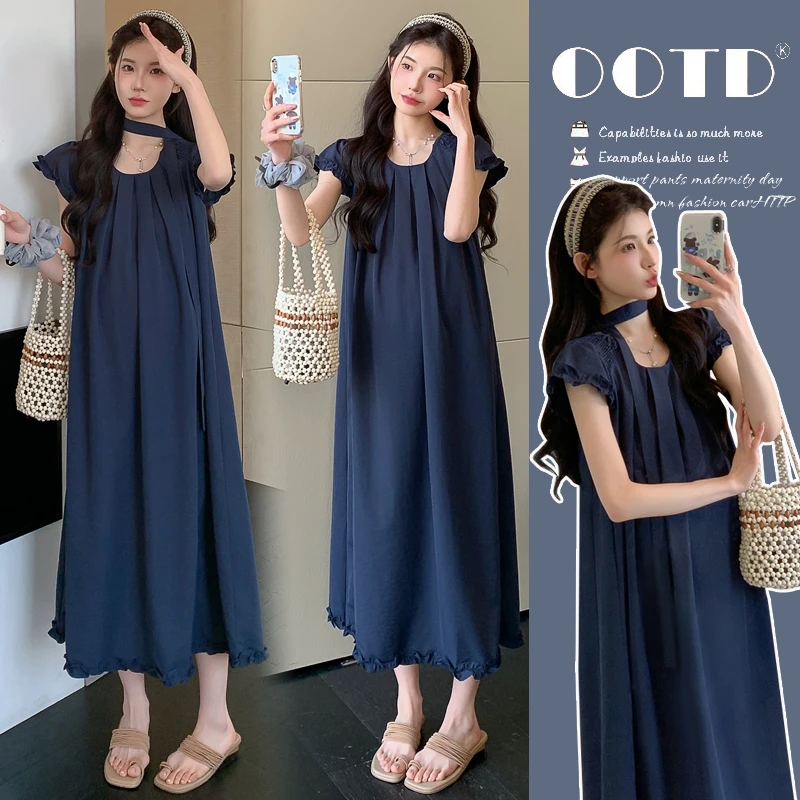 时髦孕妇装2025夏季新款简约花边小飞袖气质高级感宽松显瘦连衣裙