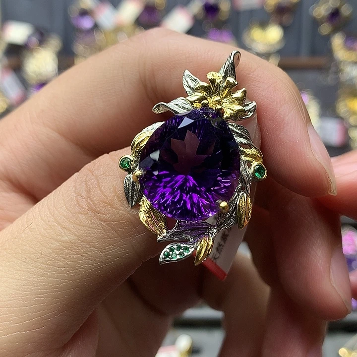 吊坠(不含链)银S925镀金镶嵌紫晶