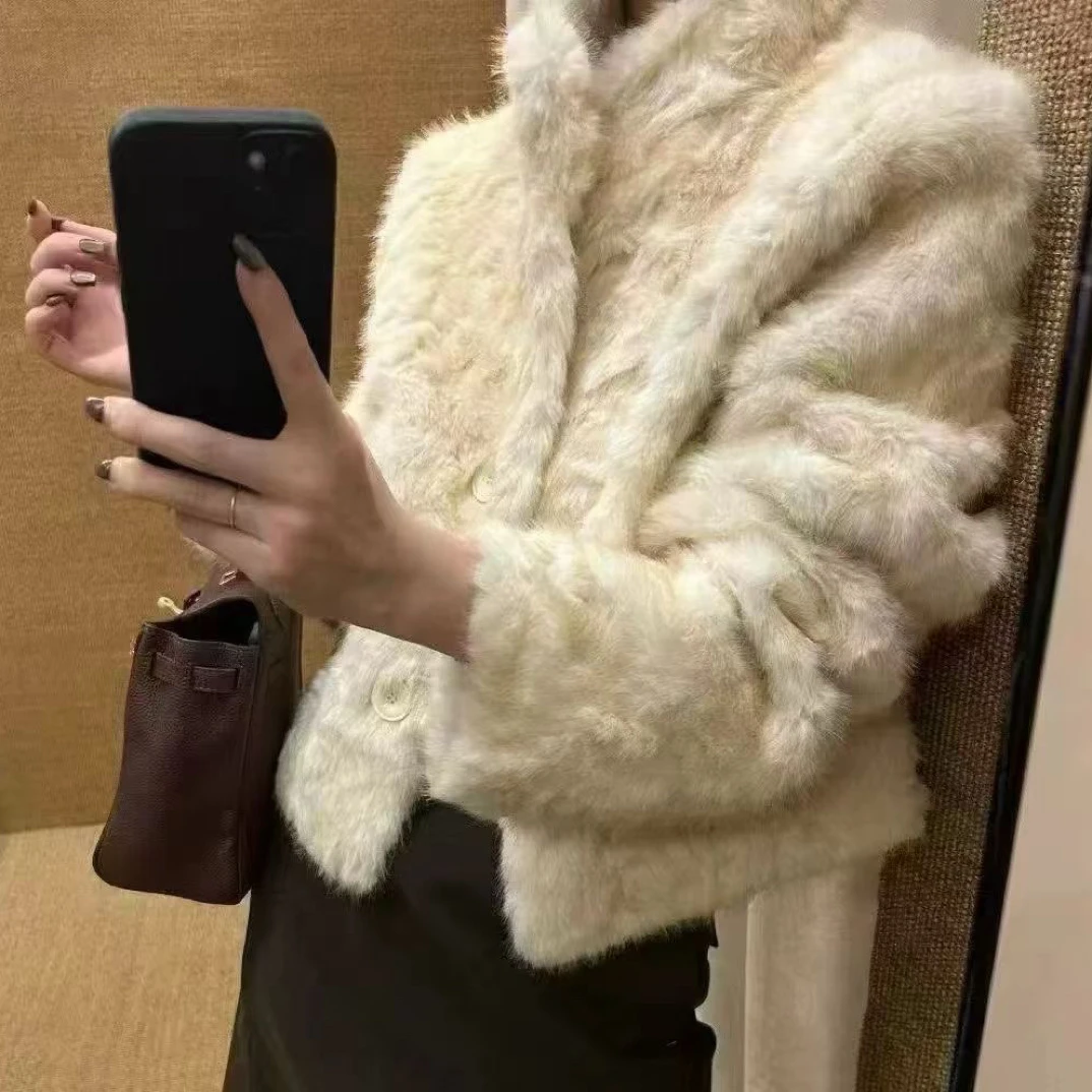 9550#冬季高级感韩系极简小众立领加厚保暖环保毛毛外套皮毛一体