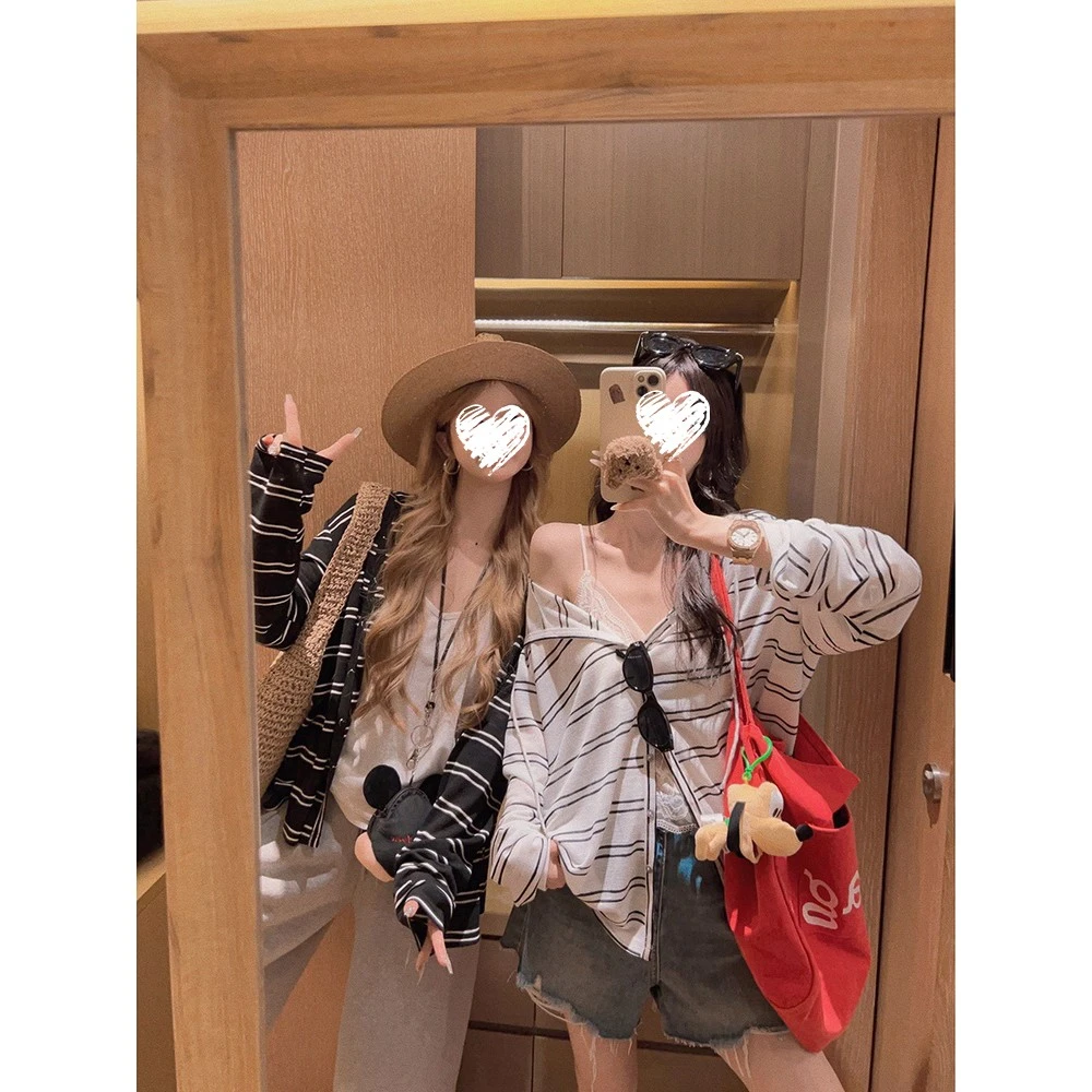 冷感纤维条纹长袖连帽开衫夏季薄款防晒衫