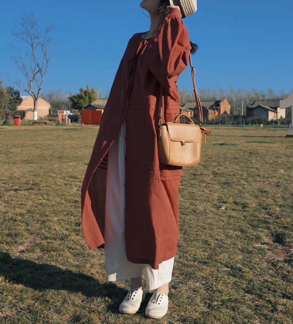 HUI-【岁岁喜】7840 枫叶红中长款压褶衬衫裙开衫衬衫