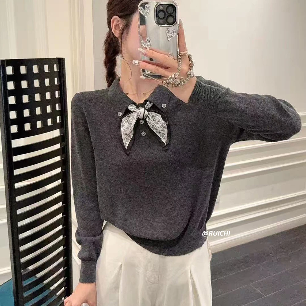 2025秋季设计感休闲宽松POLO领丝巾高级洋气百搭显瘦针织衫上衣女