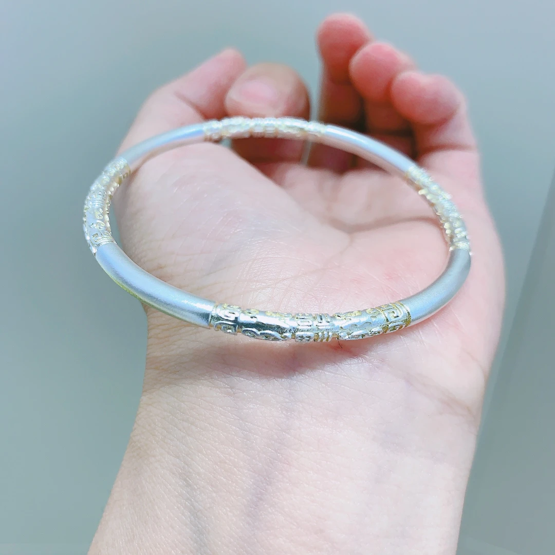 足银手镯 足银999古法描金卷草纹纯银正品大气百搭时尚复古风手镯