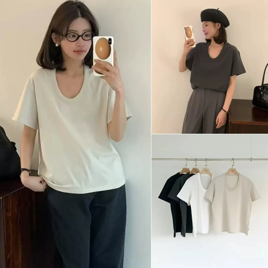 egg正版优雅天鹅颈U型领T恤