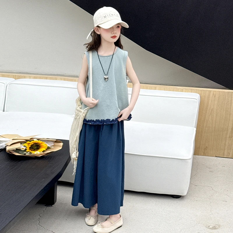 女孩花边牛仔上衣套装2025夏季新款洋气中大童水洗棉阔腿裤两件套