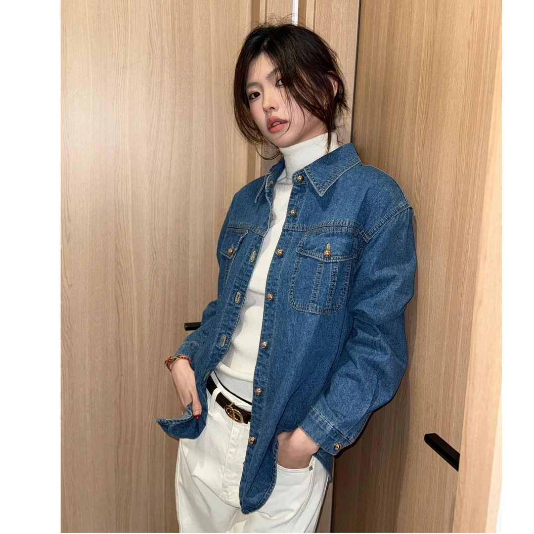 金色纽扣装饰牛仔衬衫长袖百搭复古秋冬XHCS0790