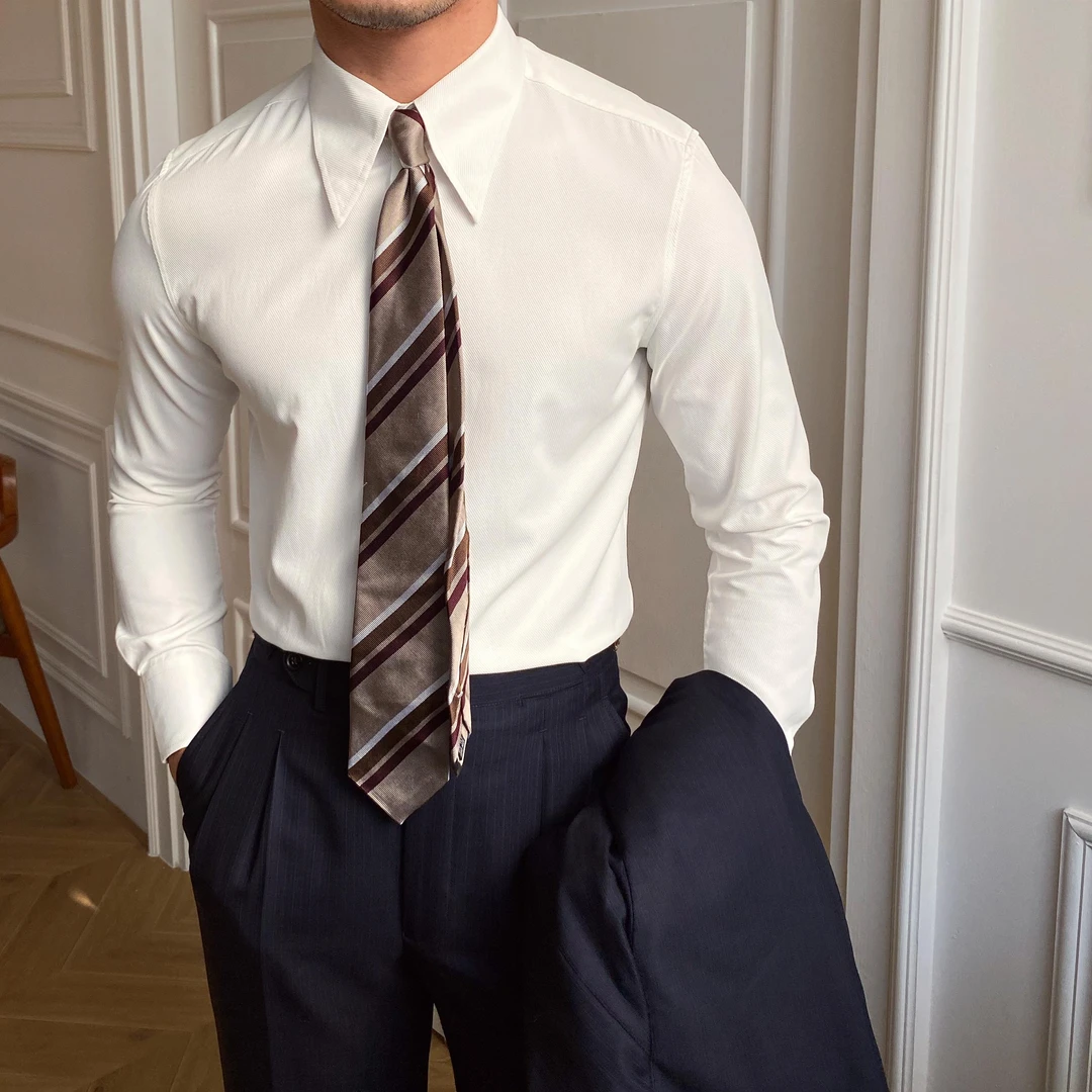 高级时尚2025新款春季商务大尖领修身长袖衬衫男英伦休闲时尚衬衣