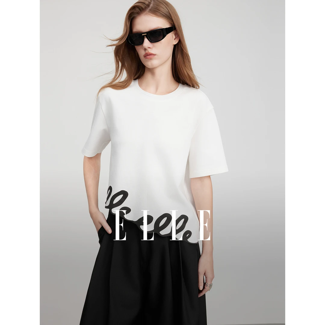 ELLE法式不规则印花短袖女t恤2025夏日穿搭设计感通勤上衣ET51062
