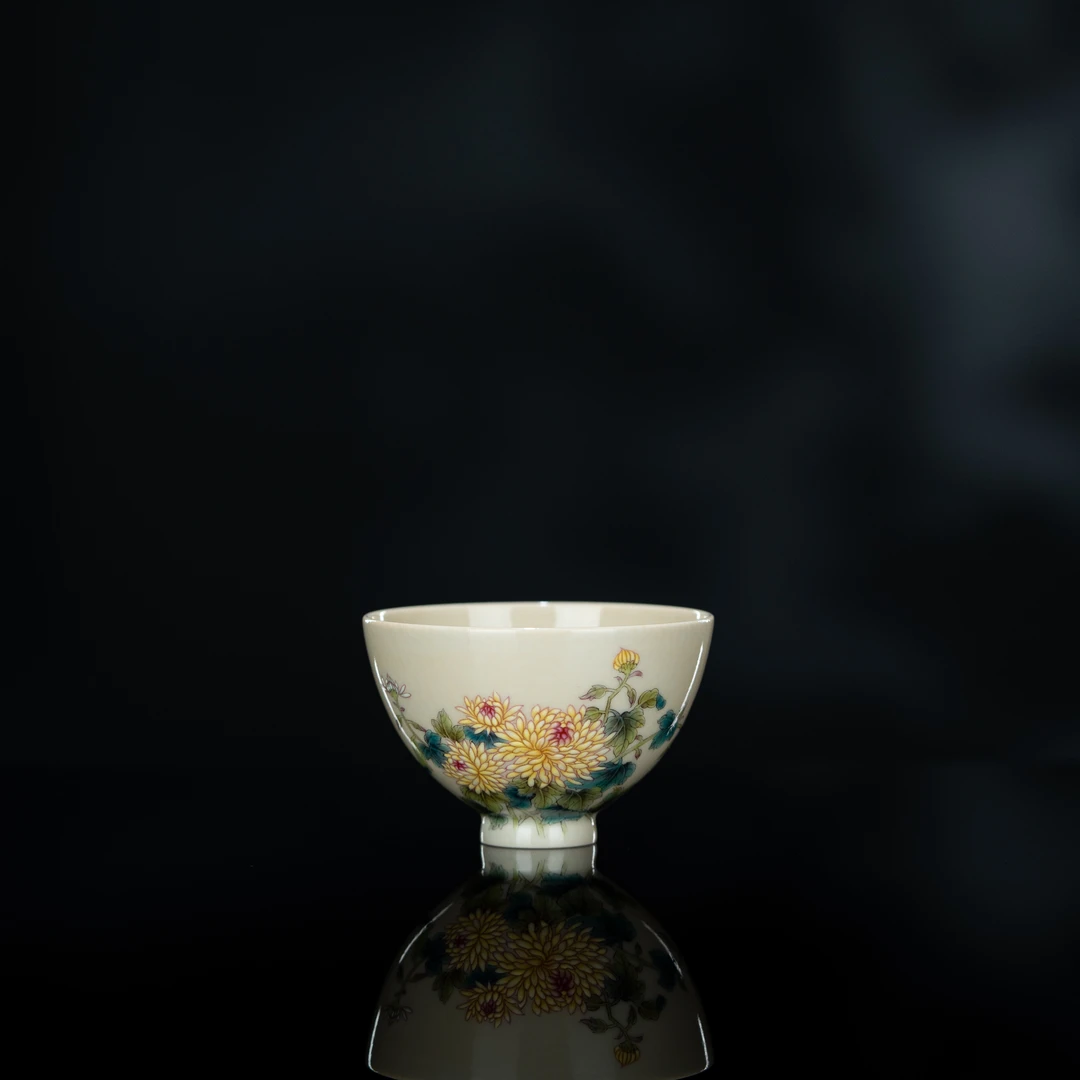 溢珍堂 米黄釉菊花鸡心杯6 80cc 瓷器茶周边茶具