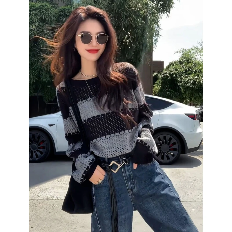 早秋独特超好看上衣韩系软糯慵懒风松弛感小众不撞款条纹针织衫女