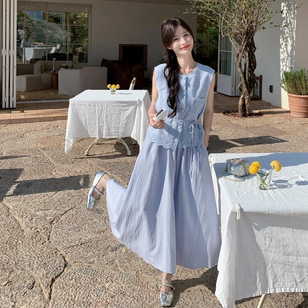 韩系名媛气质收腰套装女2025夏高级蓝色蕾丝无袖上衣半身裙两件套