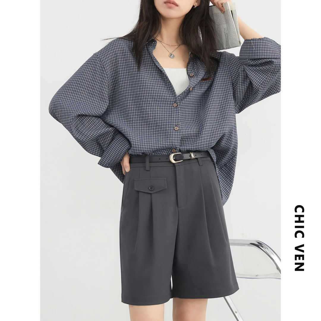 春季新款高腰阔腿压褶西装裤A字休闲直筒五分裤125CK80082