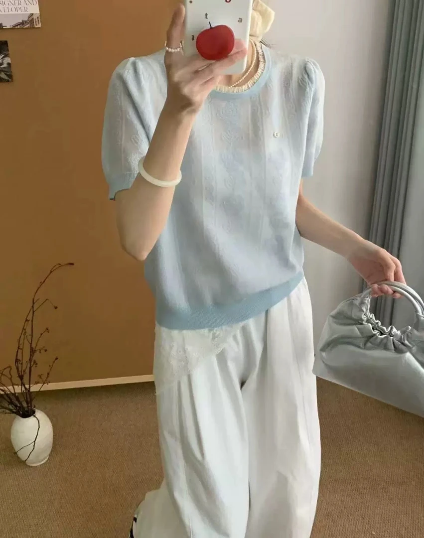 2025新款女装针织衫欧根纱蕾丝上衣高品质针织圆领荷叶边甜美可爱