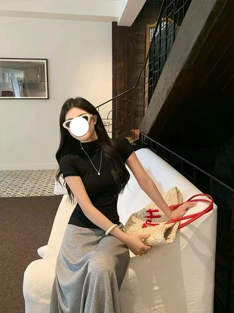 素黑   百搭小高领半袖#3019