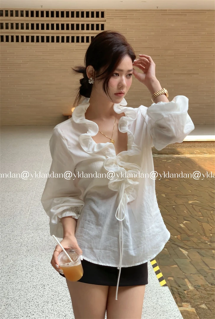 @yldandan|芙蕾尔法式高奢感花瓣复古纯欲设计春夏透气长袖衬衣