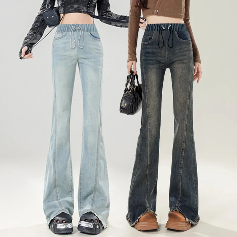 孕妇牛仔裤春秋款抽绳喇叭裤休闲高弹力外穿春季无托腹微喇长裤子