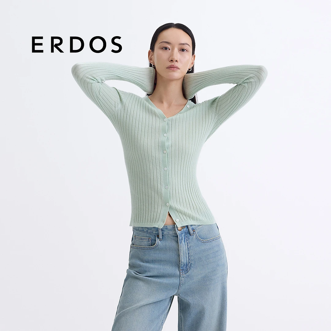 【精纺】ERDOS 丝绒混纺V领针织开衫修身抽条轻薄上衣