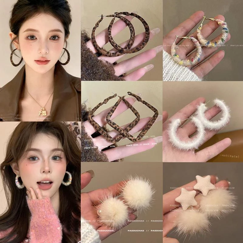 复古植绒几何豹纹耳钉女款轻奢高级感耳环耳饰品气质耳圈配饰耳坠