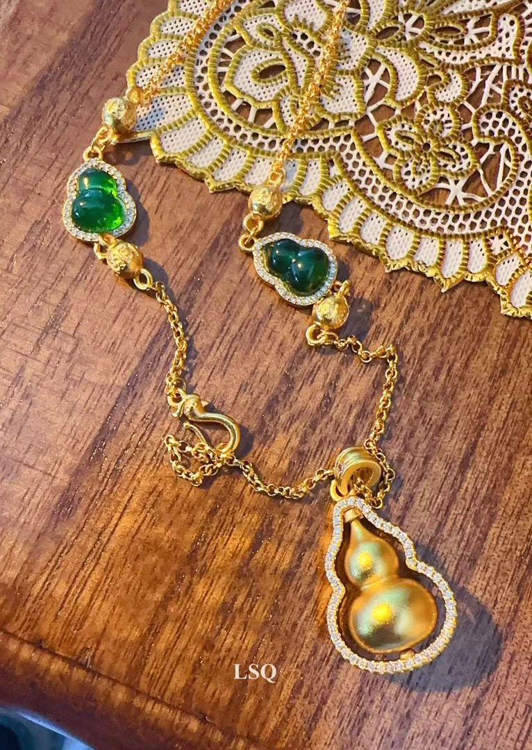 铜合金项链 SQl民岐新中式-可转动国风绿葫芦点锆项链5645