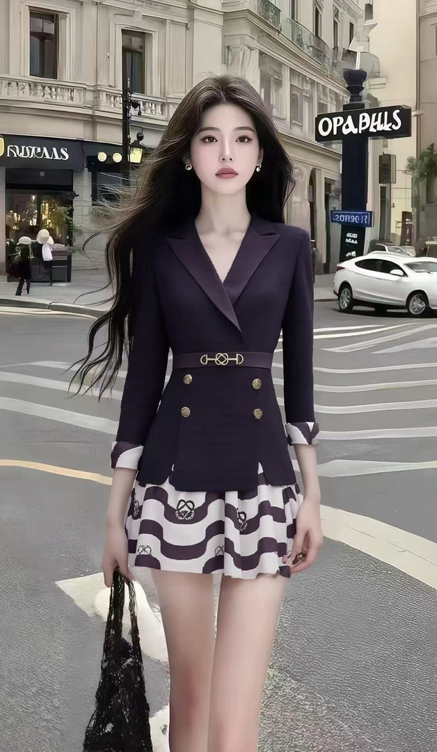 新款时尚通勤风黑色V领长袖收腰上衣+条纹百搭半身裙女减龄两件套