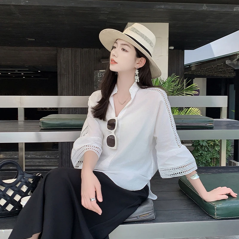 A美洋MEIYANG 蒲公英衬衫【商场同款】棉麻|文艺老钱 蕾丝套头衬衣