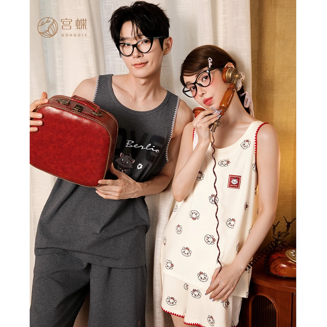 宫蝶【凉感型】迪士尼玛丽猫情侣睡衣女夏季短袖背心纯棉家居服男