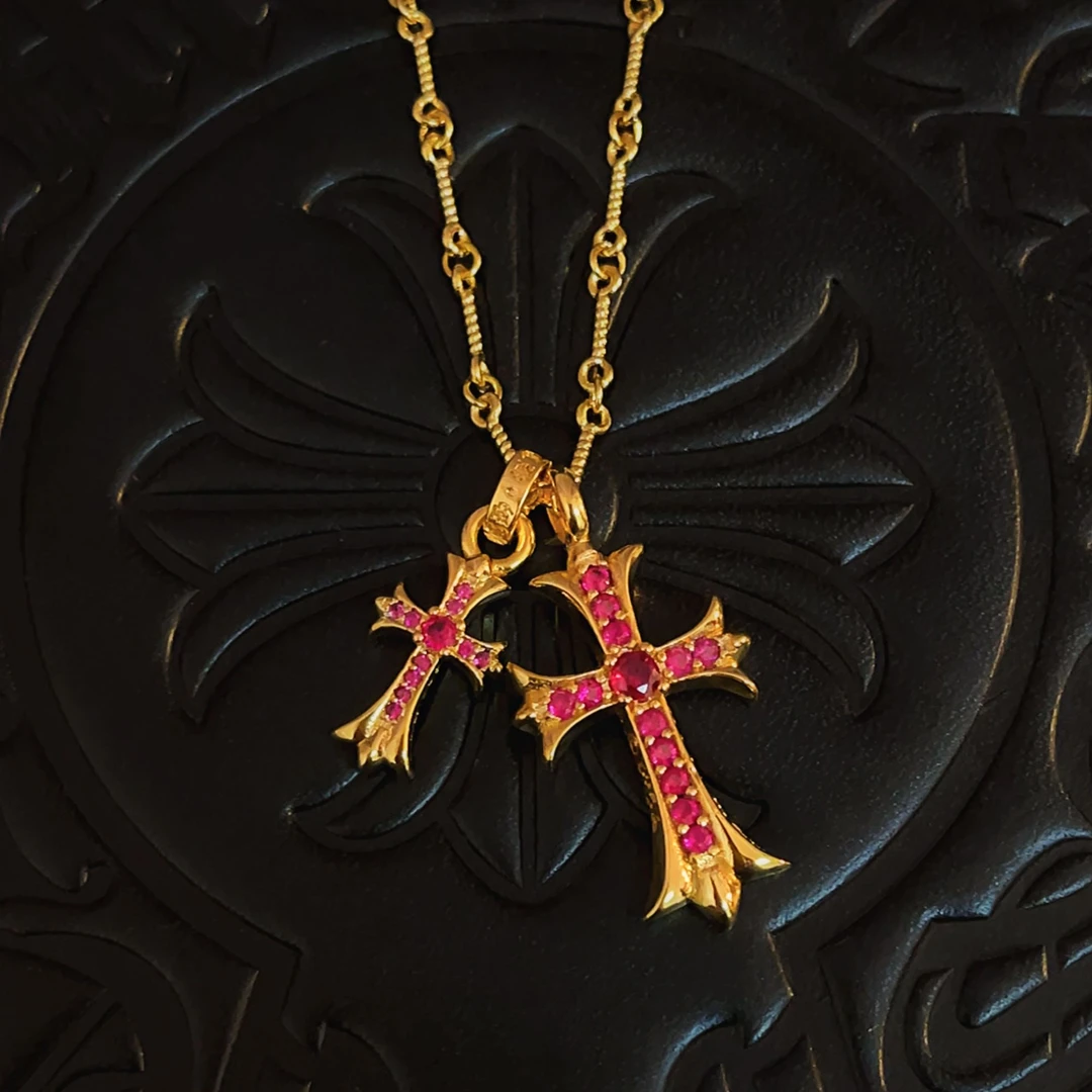 铜合金锆石项链 克罗双十字架项链金色深粉钻哥特风欧美男士038