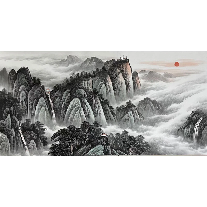 稳坐泰山江山永固山水画客厅国画纯手绘沙发背景墙靠山图泰山日出