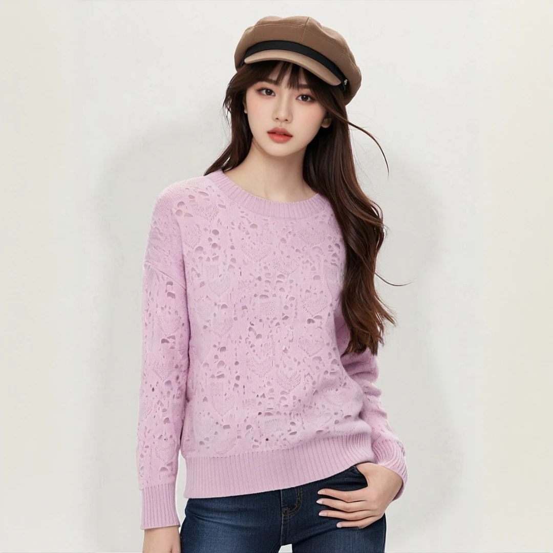 〔胖老板羊绒〕圆领破洞翻花女式打底套头毛衣宽松加厚保暖山羊绒