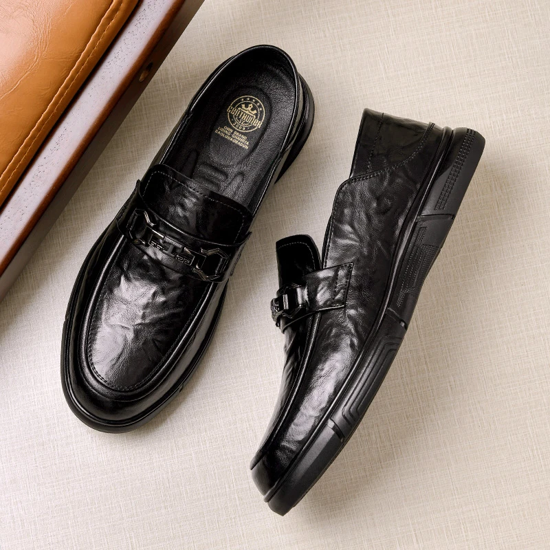 1726男士一脚蹬皮鞋真皮牛皮平底乐福鞋手抓纹百搭潮流休闲耐磨鞋